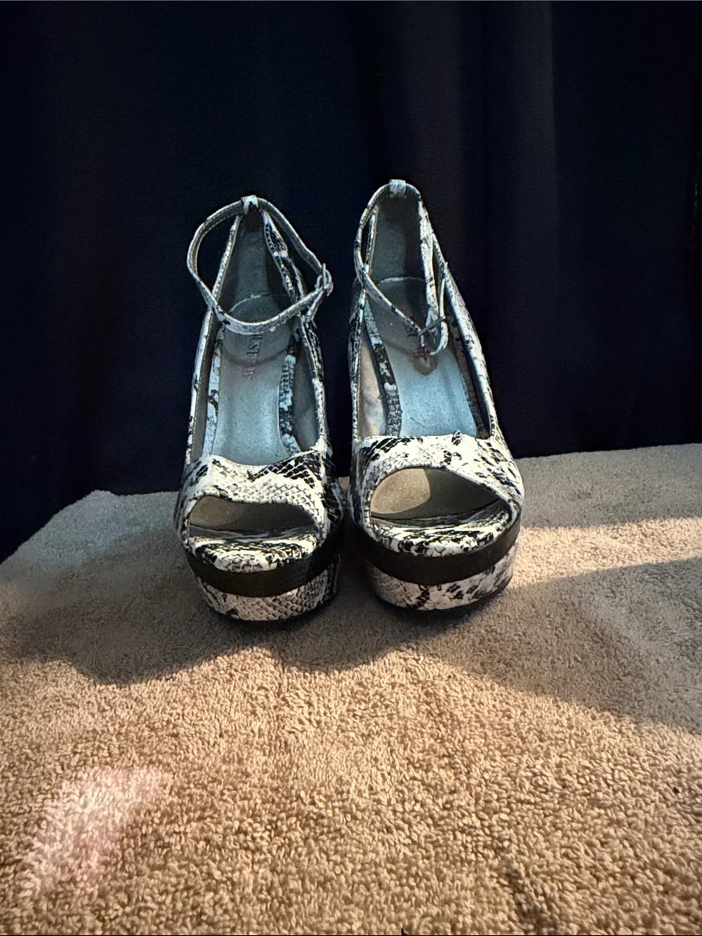 JustFab Snake-Print Platform Ankle-Strap Heels in Black & White